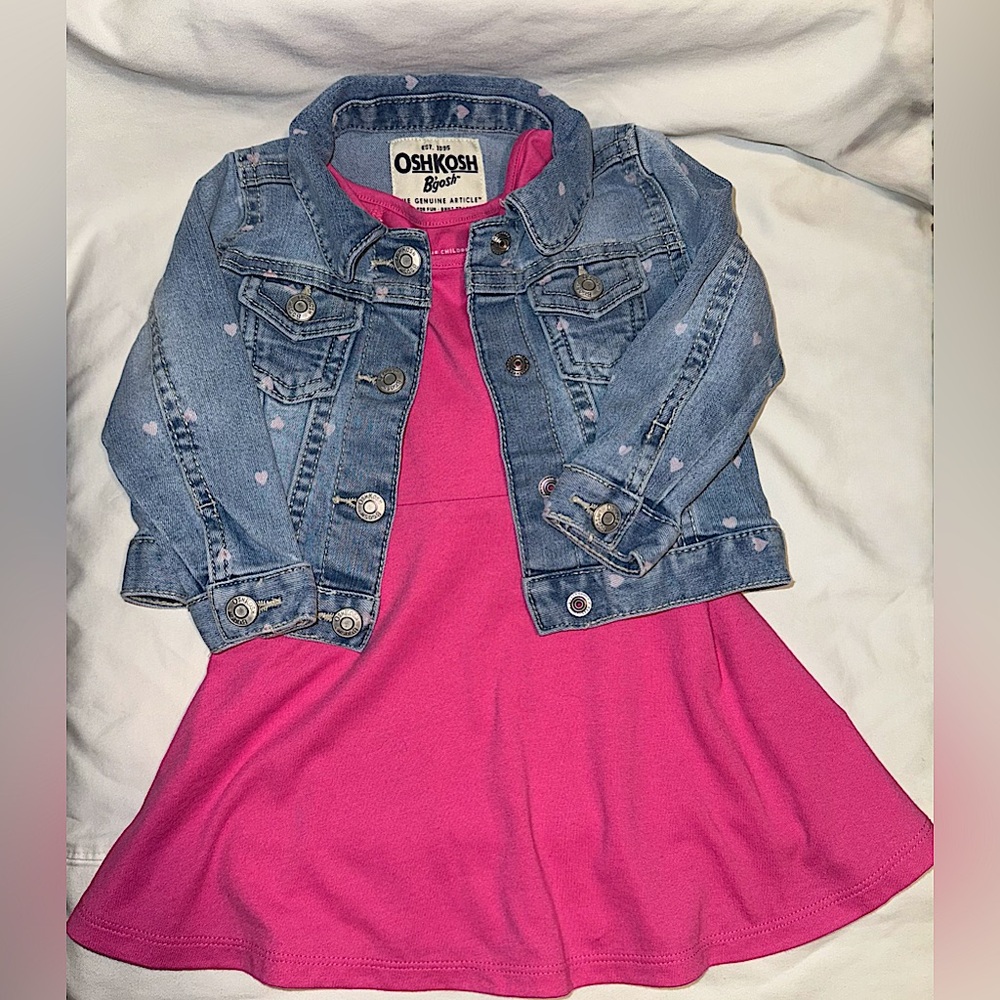 OshKosh B'gosh Blue Denim Jacket with Children’s Place Pink Dress, Size 12 -18 M